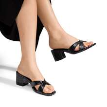 Women Chunky Low Heel Mule Sandals Crocodile Print Open Toe Slip On Heels Summer Slide Sandals - màu đen - Xem 6