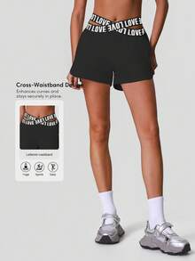 Sodalemon Shorts de treino femininos com cinto na cintura, bolsos laterais, cós elástico, modelagem solta, camada dupla, ideais para esportes, ioga e atividades ao ar livre. - Preto - Ver 3