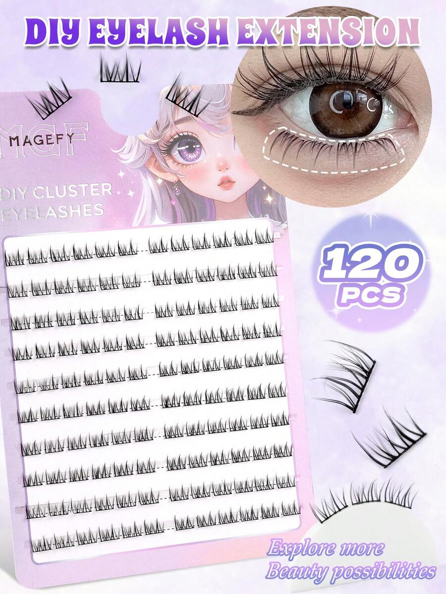 MAGEFY 120片B型卷翘下睫毛，3D自然柔软舒适裸妆效果，日系浓密纤长睫毛嫁接片，睫毛簇，单根睫毛，假睫毛 - 黑色 - 查看 1