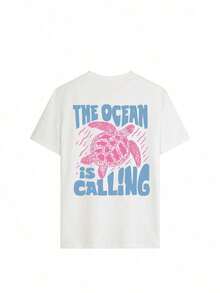 Women's Summer Vacation Ocean Life Letter Print Round Neck T-Shirt, Graphic Tee, White, Black, Pink Women's Summer Cotton Short Sleeve T-Shirt, Beach Vacation, Literary & Fresh Style - 白色 4 - 查看 3