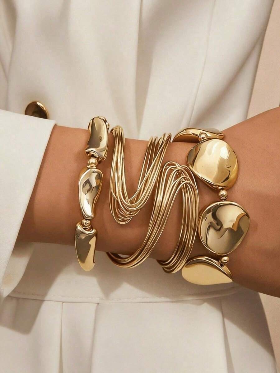 3pcs Exaggerated Geometric Style Women Bracelet Set, Vintage Personalized Stacking Bangles, Unique Jewelry Suitable For Daily And Party Wear (Bracelets Are Made Of Resin Material) - 金色 - 查看 1