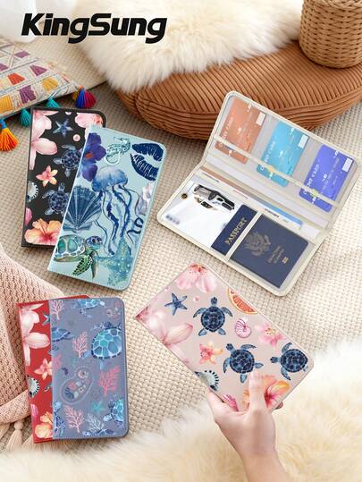 Kingsung 海洋动物芙蓉花图案PU皮革汽车证件夹，时尚驾驶证夹，女士证件包，钱包卡包，手套箱收纳包，可存放车辆登记证、保险单、驾驶证、护照及其他卡片 | 旅行/度假必备，送给汽车/卡车/摩托车/拖车车主的完美礼物（生日/情人节/周年纪念日），返校季配件