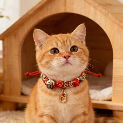 1pc Chinese Style Adjustable Pet Necklace, Colorful Handmade Woven Cat Pendant Collar, Non-Tight Pet Necklace Suitable For Small Cats And Dogs