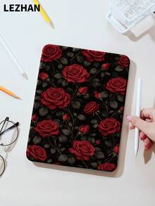 1pc Red Rose Pattern Flat Tablet Protective Case, With Pen Slot, Anti-Drop, Tri-Fold Tablet Stand Protective Shell, Compatible With 10.2", Pro 11" 2021/2020/10th Gen, (A16) 11" 11th Gen 2025, 8th/9th/10th Gen, Galaxy Tab A8 10.5" 2022, Matepad 10.4"/Tab, Support Sleep/Wake, Romantic Personalized Gift - Multicolor - View 1