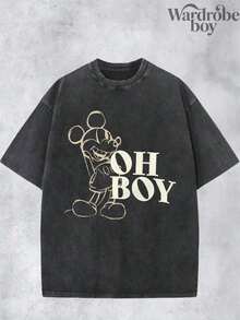 Disney Printed Wash Water T-Shirt,Men's Mickey Mouse 'OH, BOY' Printed T-Shirt,Unisex,High-Quality Pure Cotton T-Shirt,Suitable For All Seasons, Comfortable And Breathable| Exquisite Design | The Best Choice For Giving Gifts - Black - View 2