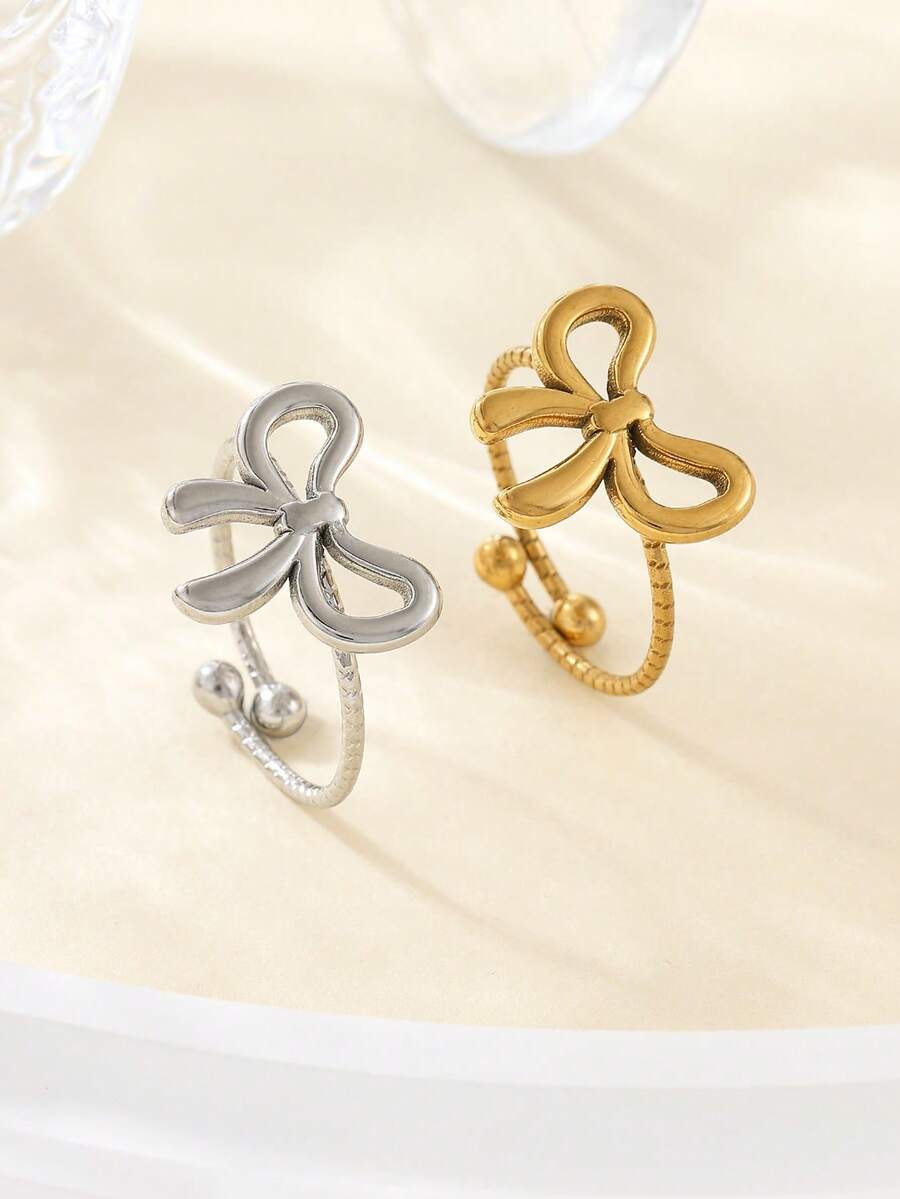 Set de 2 anillos ajustables de acero inoxidable con lazo minimalista en dorado y plateado, adecuados para uso diario de mujeres o como regalo - Multicolor - Ver 1