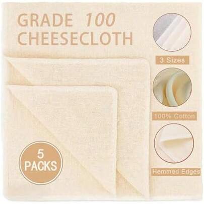 5Pcs Reusable Cheese Cloths, Grade 100, (15x15Inch X2 + 20x20Inch X2 + 36x36Inch), 100% Unbleached Cotton, Ultra Fine Mesh For Cooking, Straining, Crafts - Nut Milk, Yogurt, Baking, Hemmed Edges
