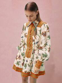 Women's Bohemian Print Short Dress With Long Sleeve Printed Lapel Casual Cardigan, Spring/Summer - Orange - View 5