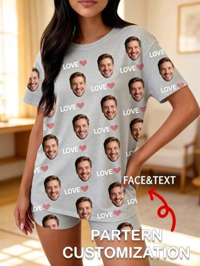 2pcs Customized Women's Pajama Set - Ideal For Spring, Includes Personalized Sleepwear With Custom Graphic Design. Offers Customization Service Based On Provided Images (E.G. Male, Female, Child, Pet Portraits), Also Suitable As A Gift. This Set Features Vibrant, Cute And Lively Patterned Designs, Making It An Ideal Present For Boyfriends, Girlfriends And Family Members.