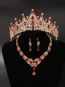 1 Set Bridal Accessories - Red Rhinestone Decor Crown, Necklace, Earrings (4pcs), Wedding Jewelry Set, Suitable For Wedding Dress, Gown, Prom, Party,Festival,Birthday - Multicolor - View 7