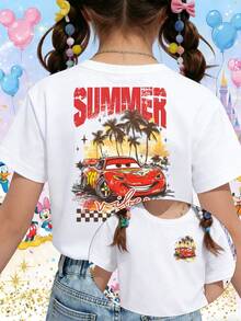 Disney Pixar Cars Lightning McQueen Summer Vibes Tropical Palm Trees Printed Pattern T-Shirts For Girls - Children's Clothing Design Short-Sleeved Casual And Cute Style Comfortable And Casual Wear All Year Round Suitable For Parties And Play Machine Washable Gift Children's Clothing Girls' Short-Sleeved Shirts - 白色 - 查看 1