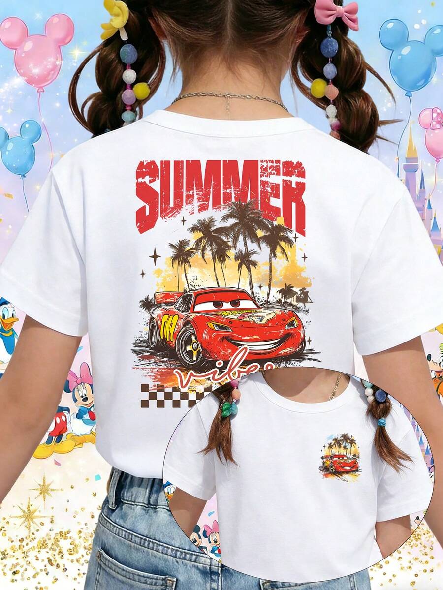 Disney Pixar Cars Lightning McQueen Summer Vibes Tropical Palm Trees Printed Pattern T-Shirts For Girls - Children's Clothing Design Short-Sleeved Casual And Cute Style Comfortable And Casual Wear All Year Round Suitable For Parties And Play Machine Washable Gift Children's Clothing Girls' Short-Sleeved Shirts - 白色 - 查看 1