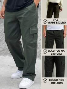 Men's Green Cargo Pants With Drawstring Waist And Slight Stretch, Unisex Long, Loose-Fitting, Casual Streetwear Skate Pants. - 墨綠色 - 查看 2