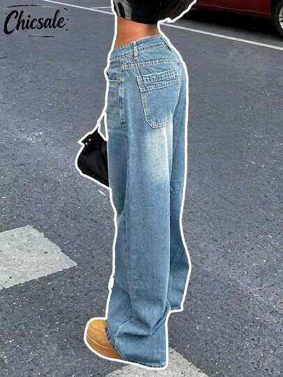 女式宽松直筒复古风男友风牛仔裤