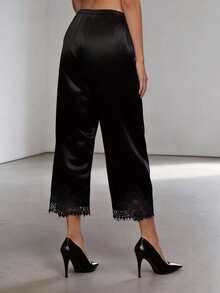 Women Satin Silk Lace Trim Pants Elastic Waist Y2k Wide Leg Lounge Pajama Bottoms Causal Going Out Trousers - 黑色 - 查看 4