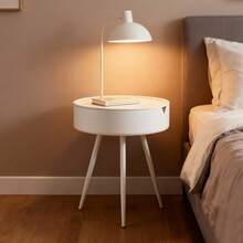 Bedside & Side Table | Modern Round Rattan Table For Living Room, Nightstand, Coffee, Cocktail Or Tea Table - White - View 7