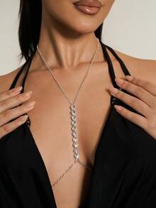 Altistry 1pc Heart Shaped Crystal Decorated Chest Chain, Sexy Body Chain Accessory, Fashionable For Nightclub, European & American Style - Silver - View 2
