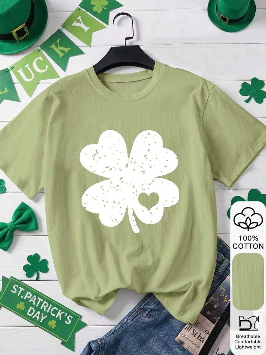 聖帕特里克節 100% 純棉短袖女款 T-shirt，三葉草印花圖案上衣，柔軟面料，純棉，休閒，夏季，度假，旅行風格，海灘氛圍，極簡節日穿搭