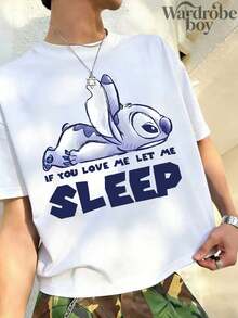 Disney Printed T-Shirt,Men's Stitch Wants To Sleep Fun Slogan Printed T-Shirt,Unisex,High-Quality Pure Cotton T-Shirt,Suitable For All Seasons, Comfortable And Breathable| Exquisite Design | The Best Choice For Giving Gifts - 白色 - 查看 1