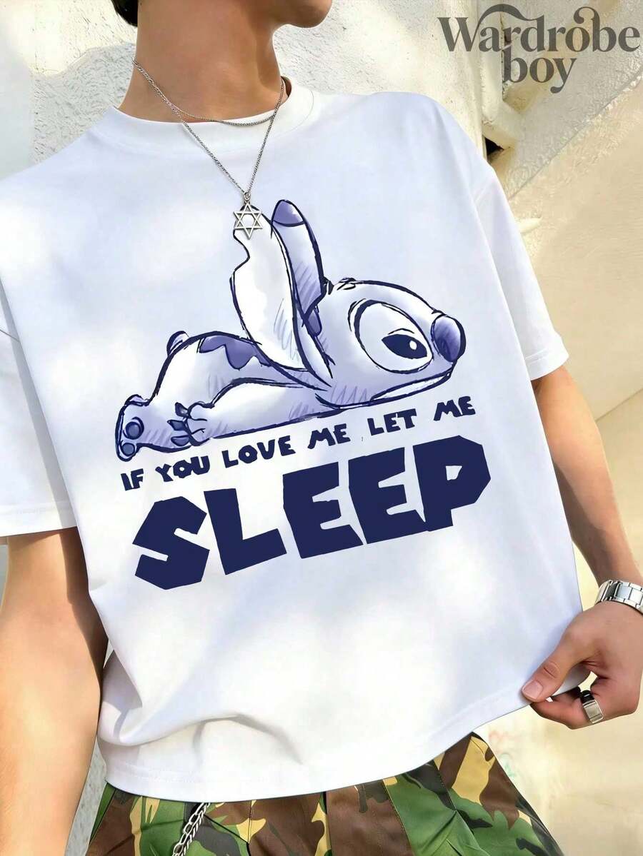 Disney Printed T-Shirt,Men's Stitch Wants To Sleep Fun Slogan Printed T-Shirt,Unisex,High-Quality Pure Cotton T-Shirt,Suitable For All Seasons, Comfortable And Breathable| Exquisite Design | The Best Choice For Giving Gifts - 白色 - 查看 1