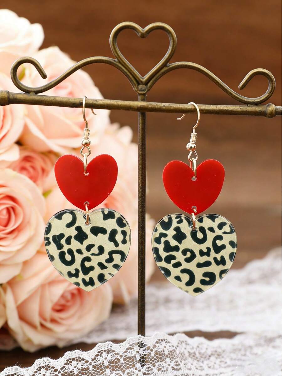 复古港式心形豹纹耳环，性感豹纹拼接情人节耳环 - 彩色 - 查看 1