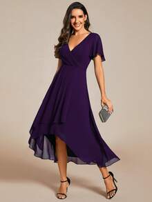 EVERPRETTY Elegant Chiffon V-Neck Ruched Purple Bridesmaid Dress, Soft High-Low Ruched Hem, Suitable For Wedding Ceremony And Formal Evening Occasions - Purple - View 6