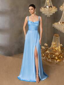 Faeriesty 优雅缎面吊带裙，垂褶领口、高开衩和露背设计，适合婚礼宾客、浪漫摄影、正式晚宴、周年庆典和新娘写真等场合。 - 藍色 - 查看 5