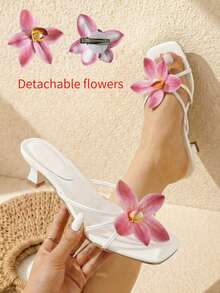planare 新款3D粉色花朵装饰高跟凉鞋,优雅低跟高跟鞋,适合海滩、派对、约会和婚礼季,可搭配比基尼、连衣裙,夏季时尚优雅高跟凉鞋,新娘高跟鞋 - 白色加粉色花 - 查看 8