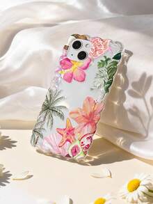 1pc Ocean Elements Vacation Style Hibiscus, Starfish, Sea Turtle, Palm Tree Wave Knitted Silicone Anti-Drop Transparent Phone Case Compatible With IPhone 11/12/13/14/15/16/17 Pro Max - Multicolor - View 4