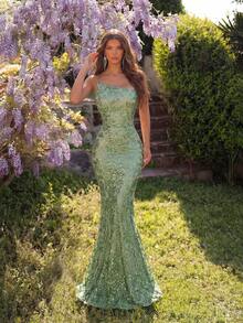 ADYCE Women's Elegant Sequin Embroidered One-Shoulder High Waist Backless Maxi Dress, Suitable For Wedding Guest, Prom, Homecoming, Date Night, Formal Dinner, Birthday Party, Holiday Party, Family Gathering And Other Occasions, Valentine's Day Spring - Green - View 5