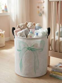 1 件蝴蝶结图案印花可折叠大容量圆形收纳篮带手柄，多用途育儿收纳篮，婴儿尿布、衣物、用品收纳，可折叠育儿收纳盒 - 彩色 - 查看 14