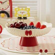 1 PC Cream Style High-Value Petal-Shaped Fruit Plate Button-Type Living Room Coffee Table Candy Snack Plate High-Legged Fruit Plate With Ribbon, Coffee Table Snack Dried Fruit Plate, Candy Plate, Multi-Functional Fruit Basket With Drainage Function - Multicolor - View 2