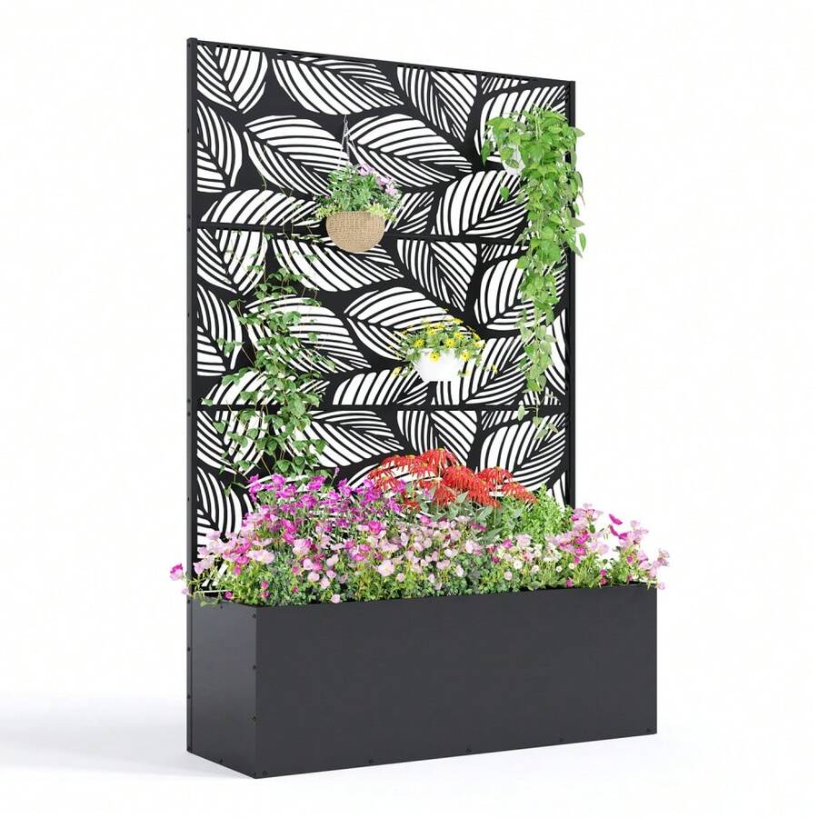 CuisinSmart Metal Planter Box With Trellis,Raised Garden Bed With Privacy Screen And Drainage Holes Idea For Climbing Plants, Vegetables & Vines - Birch Leaf Pattern - View 1