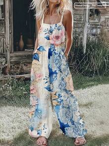 Botanical & Lace Print Jumpsuit: Strapless Wide-Leg Romper With Side Pockets In 100% Polyester For Garden Parties, Summer Vacations And Resort Style For Women. - 混合色 - 查看 1