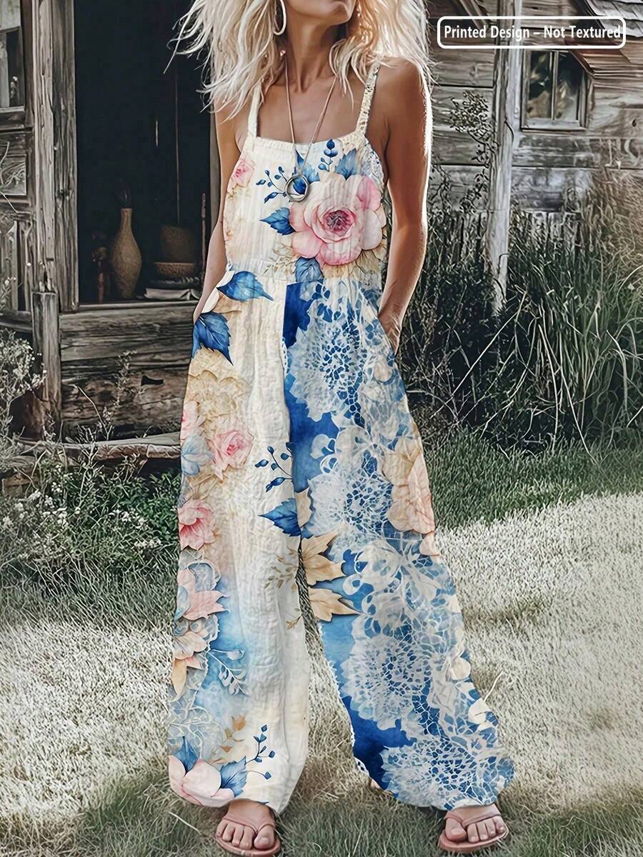 Botanical & Lace Print Jumpsuit: Strapless Wide-Leg Romper With Side Pockets In 100% Polyester For Garden Parties, Summer Vacations And Resort Style For Women. - 混合色 - 查看 1