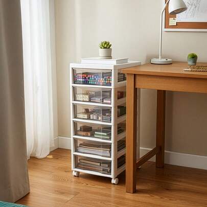 6-Drawer Clear Storage Trolley With Shelves | Polypropylene Rolling Organizer On 4 Wheels, Large-Capacity Chest For Bathroom, Bedroom & Kitchen, Sturdy White Frame