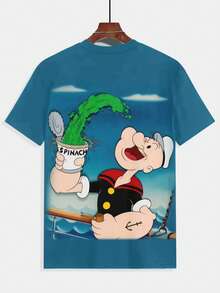 3D数码印花T恤 - 亮蓝色休闲短袖圆领上衣，印有趣味的竹签鱼和菠菜图案，透气轻盈面料，适合日常穿着、运动和户外活动 - 可机洗，理想的男士礼物，卡通人物设计，耐用面料，印花T恤，卡通迷必备 - 彩色 - 查看 3