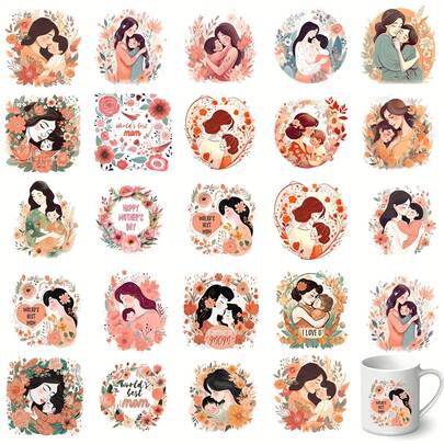 24张复古母亲节花朵UV DTF转印贴纸，自粘乙烯基材质，适用于玻璃罐、咖啡杯、瓶子和工艺品等自粘装饰转印贴纸，母亲节礼物