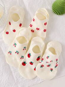 5 Pairs Cherry & Strawberry Pattern White Women's Boat Socks, Non-Slip, Breathable, Suitable For Spring/Summer - White - View 4