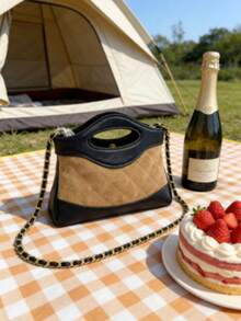 Brownish-Black Quilted Suede Crossbody Bag, Equipped With A Mini Top Handle Bag With Golden Chain, Two-Tone Women's Shoulder Bag, Daily Bag, Luxury Bags, Designer Bags - 棕色和黑色 - 查看 6