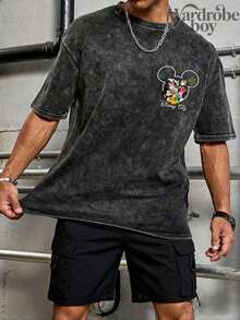 Disney Printed Wash Water T-Shirt,Men's Mickey And Friends Watching Fireworks Printed T-Shirt,Disney Travel T-Shirt,Unisex,High-Quality Pure Cotton T-Shirt,Suitable For All Seasons, Comfortable And Breathable| Exquisite Design | The Best Choice For Giving Gifts - 黑色 - 查看 3