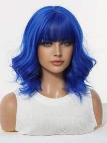 12 Inch Blue Bangs Short Curly Synthetic Wig For Women, Suitable For Daily Wear Or Cosplay - Blue - View 2