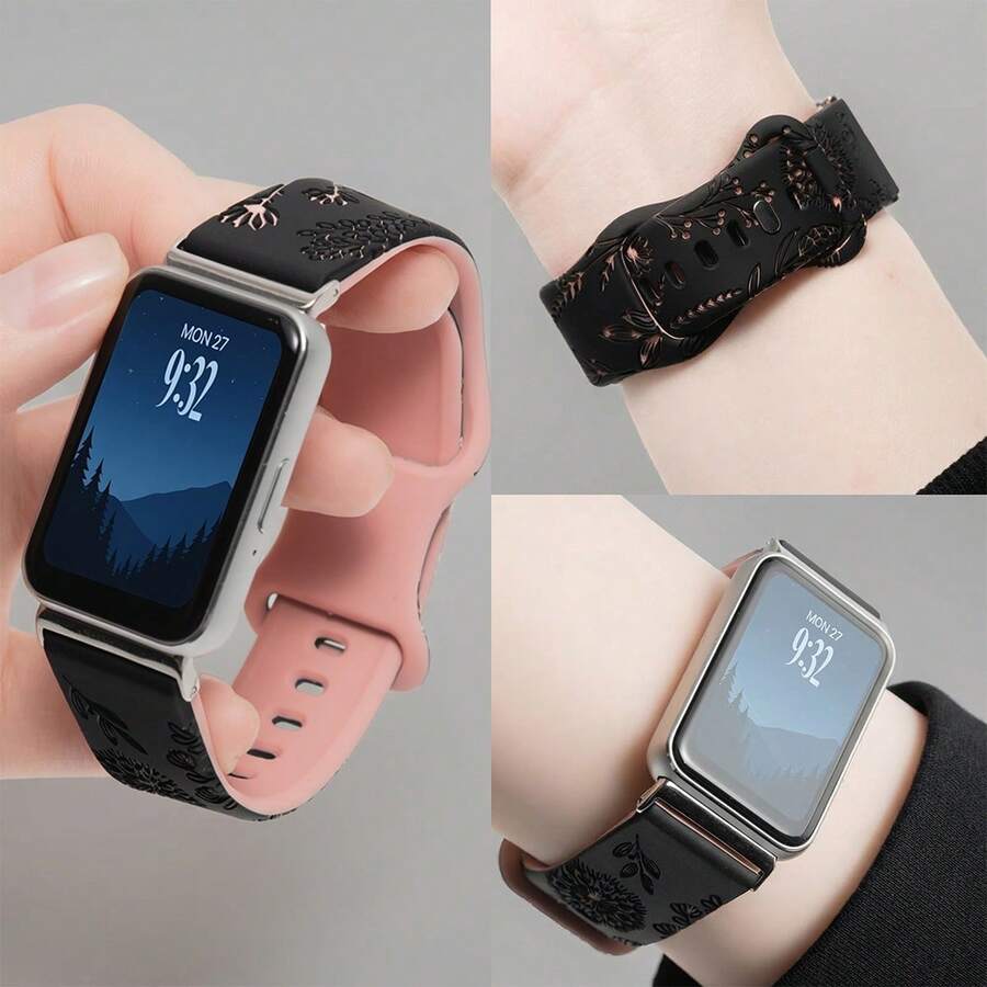 印花设计表带，兼容三星 Galaxy Fit 3 手表，硅胶材质，可雕刻图案，兼容三星 Galaxy Fit3，花卉腕带