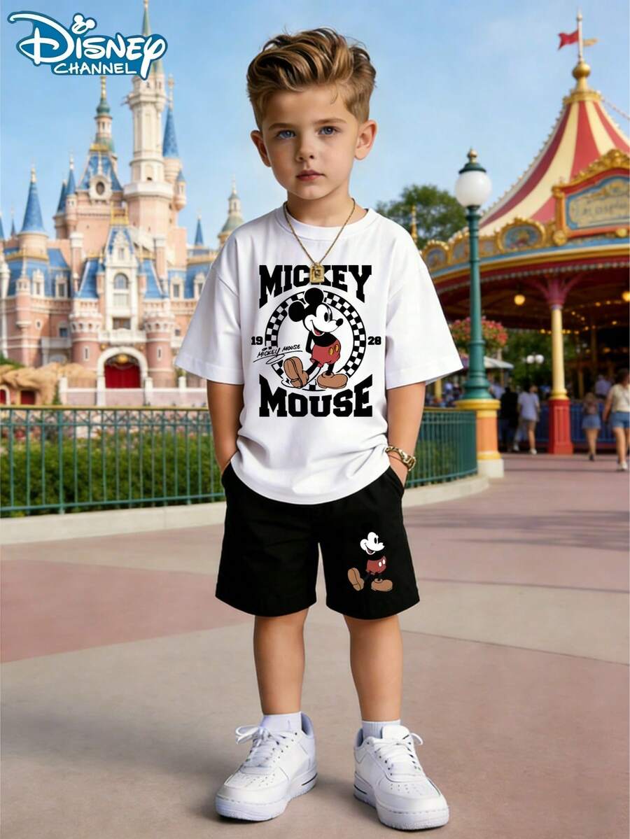 Disney 2-Piece Set, Mickey Classic Character Printed T-Shirt And Shorts Set, Short Sleeved Round Neck T-Shirt, Soft Fabric, Perfect Gift For Boys, Perfect Choice For Outdoor Activities, Disneyland Cartoon - 白+黑 - 查看 1