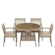 Modern Rattan Garden Furniture Set, Including A Round Glass Table And Four Armchairs, With An Iron Frame. Ideal For A Terrace, Balcony Or Patio. - Mocha Brown - View 8