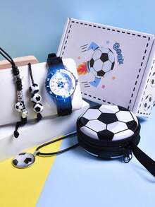 5pcs/Set 2026 New Boys' Gift Set, Including Football Sports Watch With LED Light, Quartz Wristwatch, Football Coin Purse, Earphone Storage Box, Pendant Necklace And Bracelet - Black - View 3