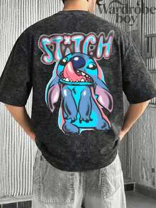 Disney Printed Wash Water T-Shirt,Men's Spray Paint Watercolor Stitch T-Shirt – Lilo & StitchT-Shirt,Unisex,High-Quality Pure Cotton T-Shirt,Suitable For All Seasons, Comfortable And Breathable| Exquisite Design | The Best Choice For Giving Gifts - Black - View 2