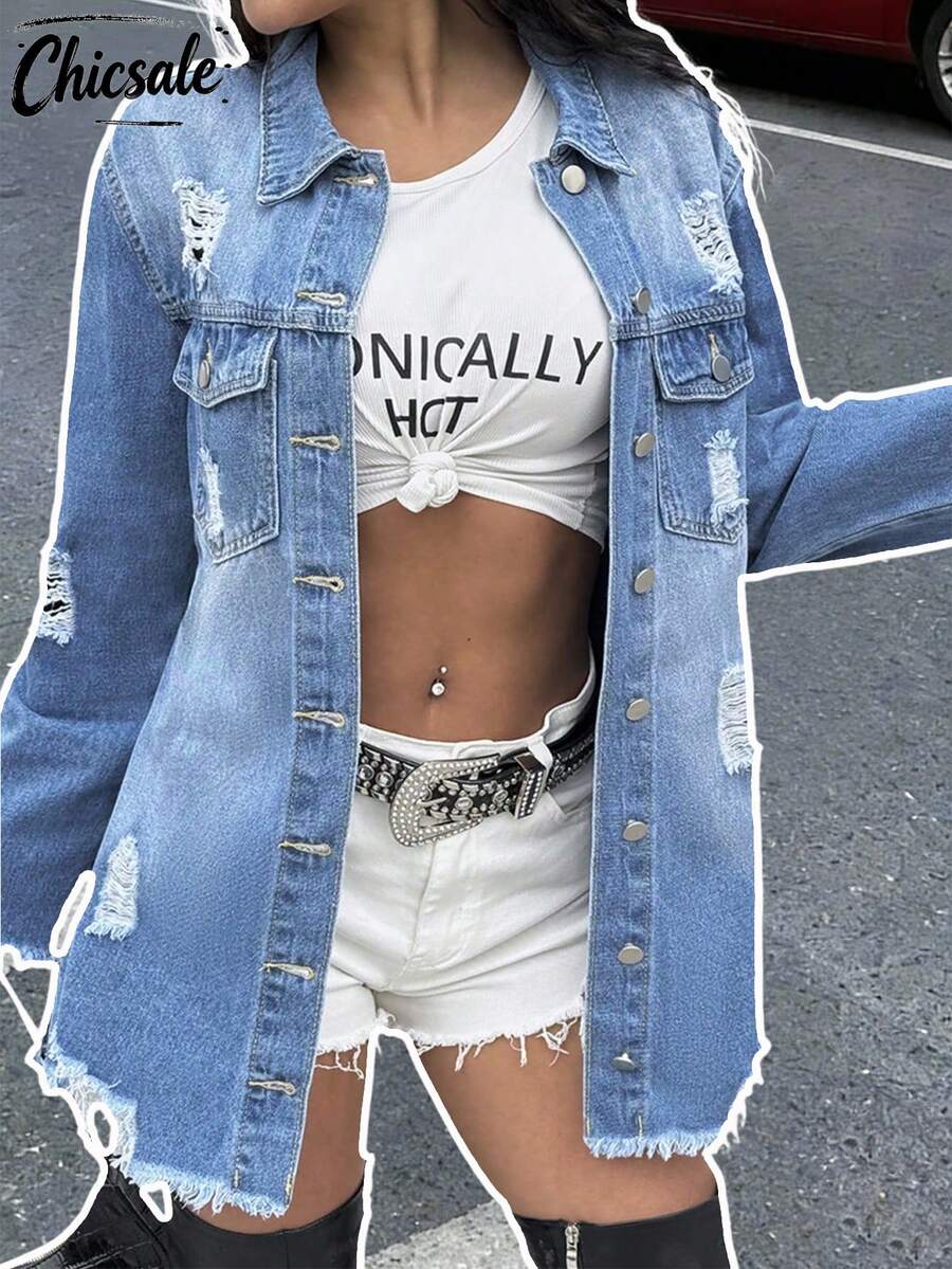 Women Single Breasted Flap Pocket Frayed Hem Ripped Denim Jacket - Light Wash - View 1