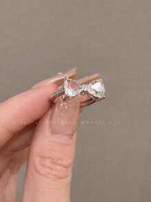 1pc Pink Rhinestone Bowknot Ring, Unique Design Pink Heart Fashion Adjustable Midi Ring For Women - White - 查看 2
