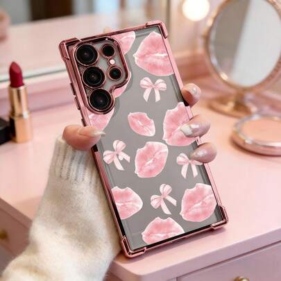 1pc Creative Cute Pink Bow Lips Quadrilateral (Camera Lens Film) Luxury Fashion Shockproof Airbag Phone Case Compatible With Samsung S26/26Plus/S26Ultra/ S25Ultra/S25Plus/S25/S25FE/S24Ultra/S24Plus/S24/S24FE/S23Ultra/S23FE/S23/S23+/S22Ultra/S22/S22+/S21Ultra/S21FE/S21/S21+/S20Ultra/S20FE/S20/S20+/A73/A72/A55/A54/A53/A52/ Note 14 Pro+ 5G/ P30/Honor X6b/ A74/ C53/ Narzo N53